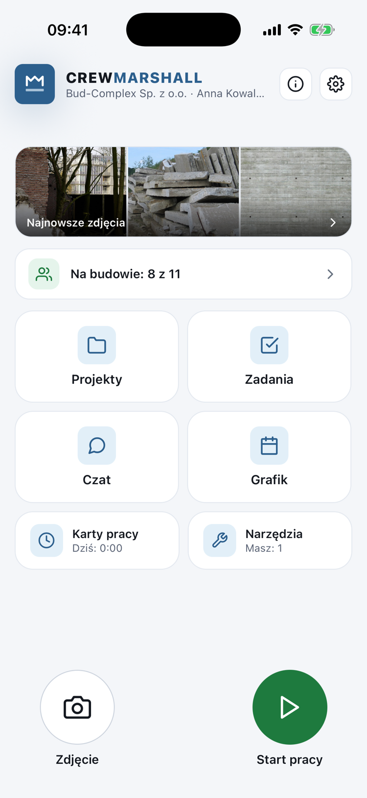 Ekran główny aplikacji mobilnej: przycisk startu pracy, zdjęcia z budowy, czat i grafik