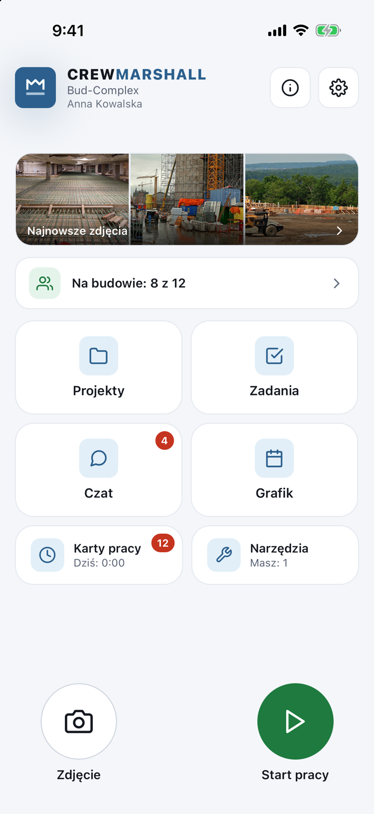 Ekran główny aplikacji mobilnej: przycisk startu pracy, zdjęcia z budowy, czat i grafik