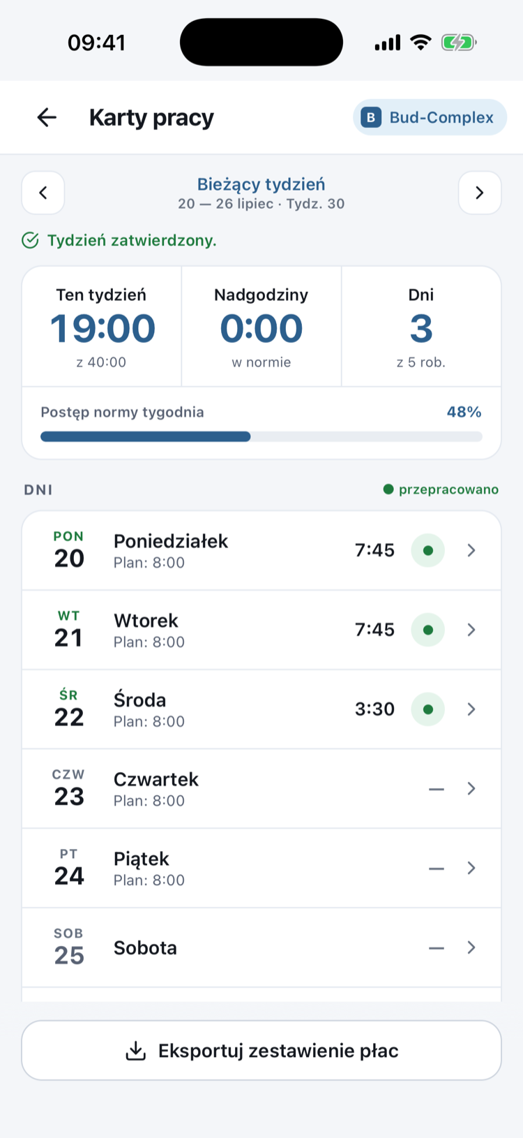 Karty pracy w aplikacji mobilnej: tygodniowe podsumowanie godzin z planem dnia