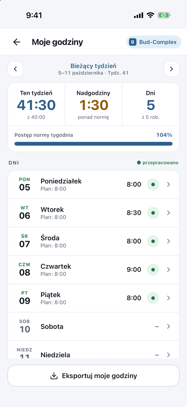 Karty pracy w aplikacji mobilnej: tygodniowe podsumowanie godzin z planem dnia